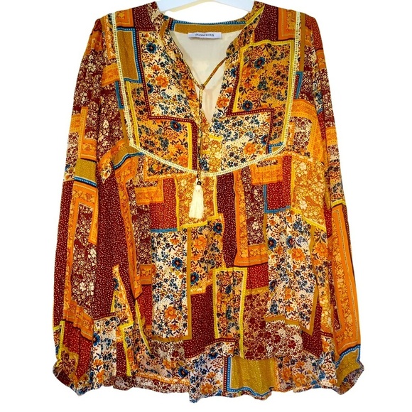 Olivaceous Boho Mixed Pattern Tassle - Tie Blouse NWOT SMALL - Picture 1 of 5